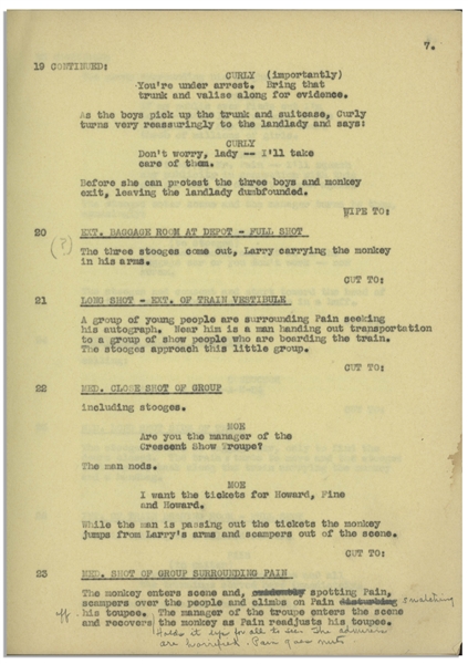 Moe Howard's 22pp. Partial Script Dated April 1936 for The Three Stooges Film ''A Pain in the Pullman'' -- With Annotations in Moe's Hand -- Likely Script Changes as Unbound -- Very Good Condition